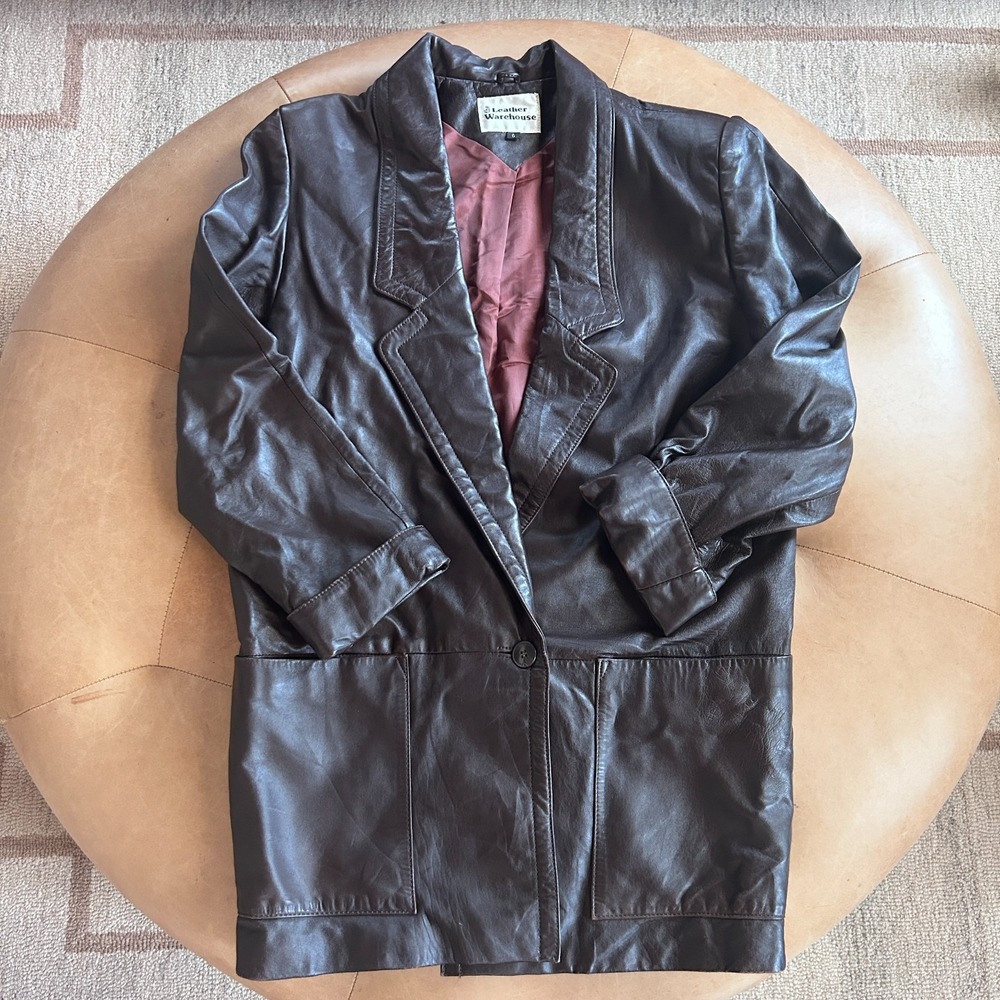 Vintage 90s Genuine Leather Blazer Jacket Womens M Chocolate Brown Oversized